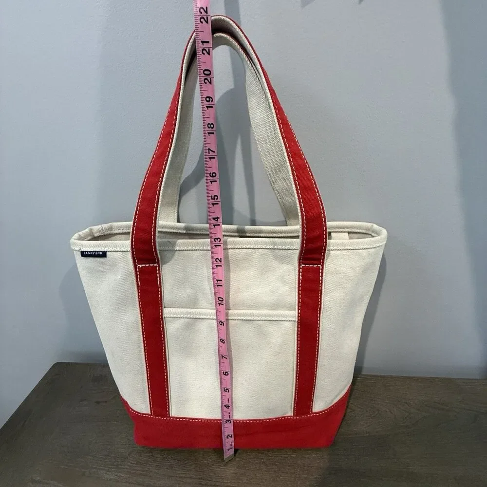 Lands End Open Top Canvas Tote Bag M Shoulder Red Natural Cotton Preppy Sturdy - Picture 16 of 16